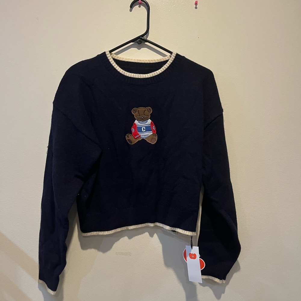 ShopCider Blue Crew Neck Sweater with Teddy Bear
